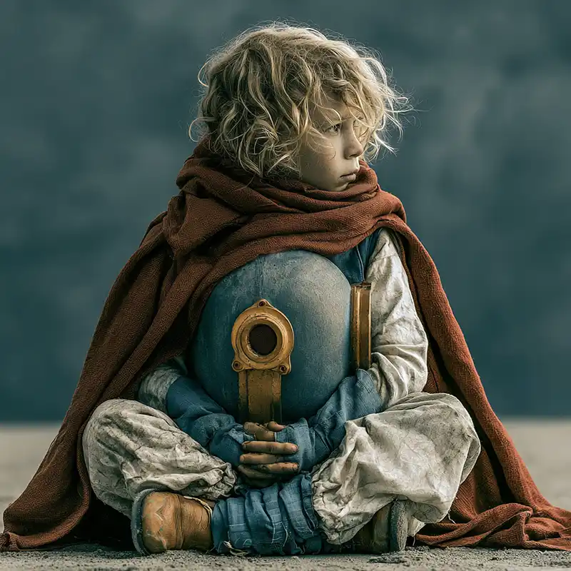creative-story-sparks-182 Young child with curly blond hair sits cross-legged, wrapped in a red cloak, holding a round blue object with a brass detail, and looking to the side against a muted background.