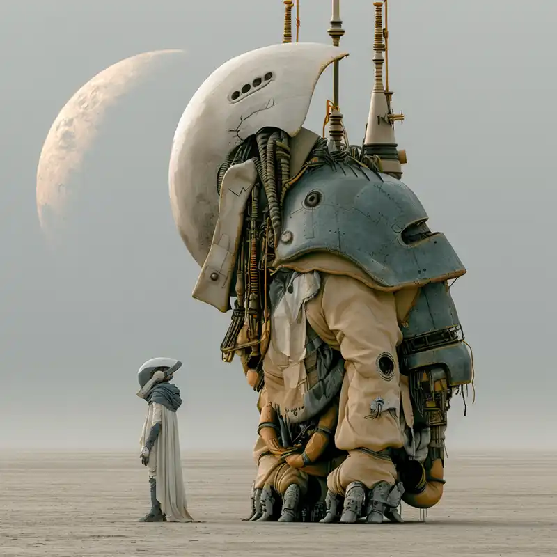 A person in futuristic clothing faces a large, armored, humanoid robot on a barren landscape with a crescent moon in the sky.