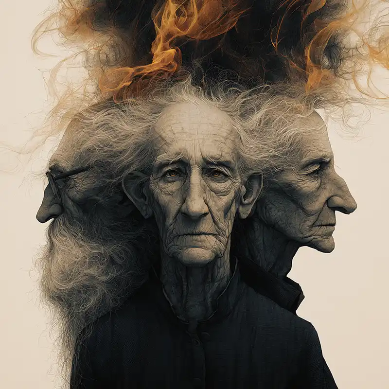 creative-story-sparks-191 Three elderly men with long hair and serious expressions are shown back-to-back, with wisps of orange smoke or flames rising above their heads against a plain background.