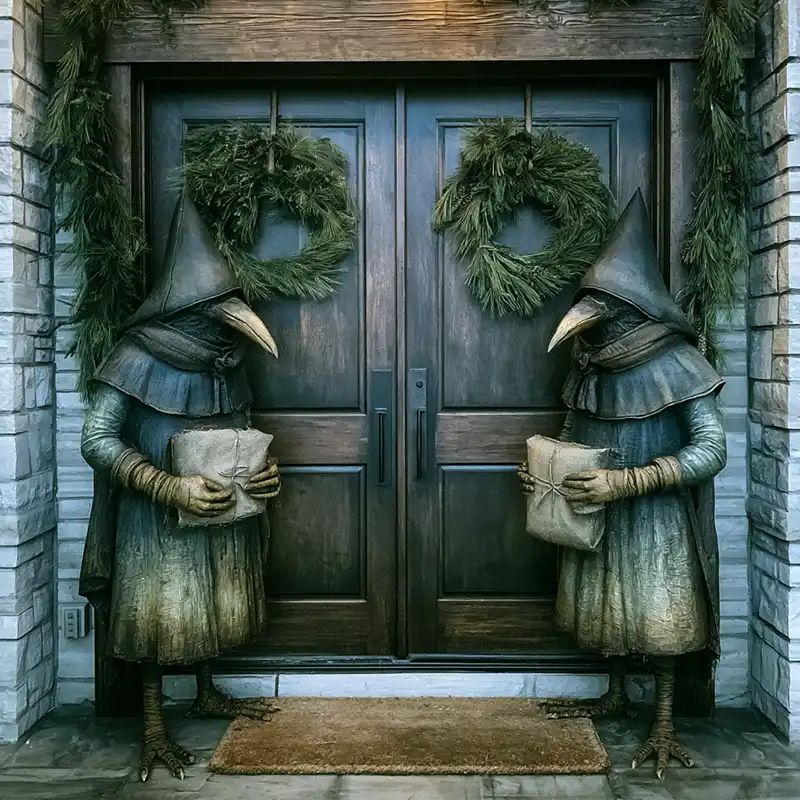 creative-story-sparks-199 Two statues of plague doctors holding parcels stand on either side of a double door decorated with wreaths and greenery.