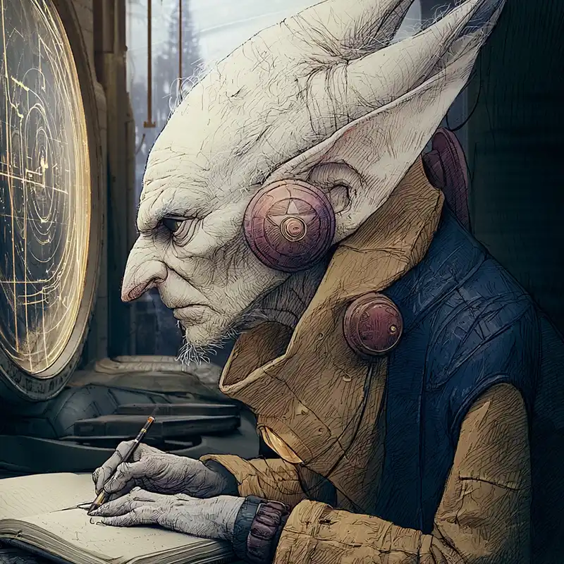 creative-story-sparks-211 A humanoid creature with large ears and futuristic attire writes in a notebook while looking at a glowing circular interface.