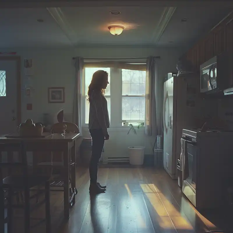 creative-story-sparks-220 A person stands alone in a dimly lit kitchen, with sunlight streaming through a window behind them.