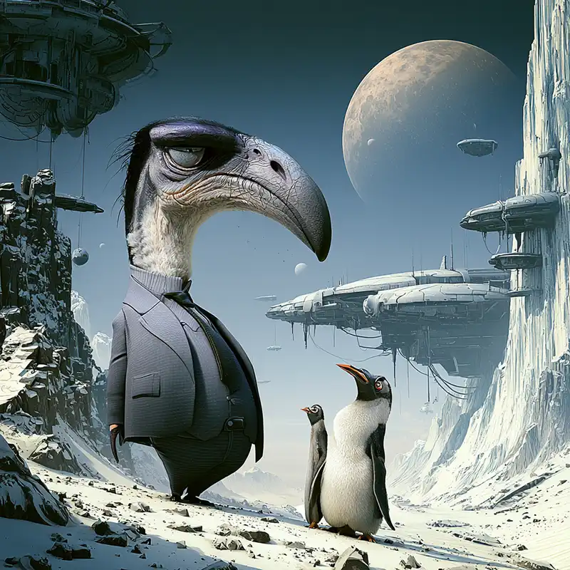 A person stands in misty surroundings facing two large, glowing, insect-like creatures with leaf-shaped bodies and multiple long legs; reddish branches appear in the corner.